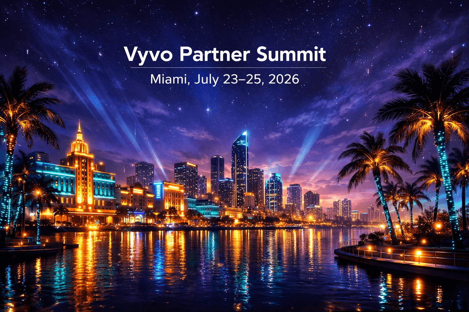 Vyvo Partner Summit โ Miami skyline at night, July 23โ25, 2026
