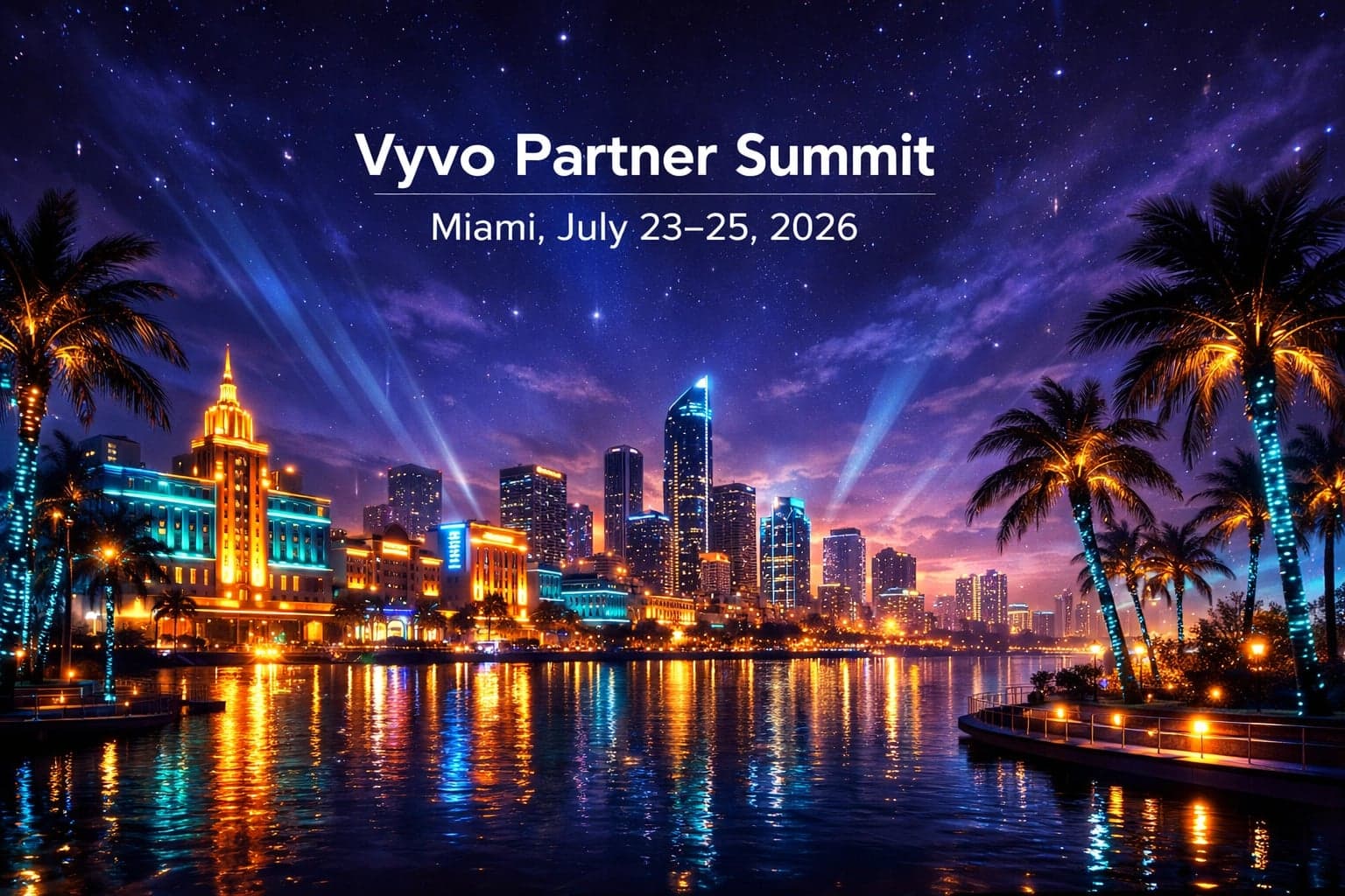 Vyvo Partner Summit โ Miami skyline at night, July 23โ25, 2026